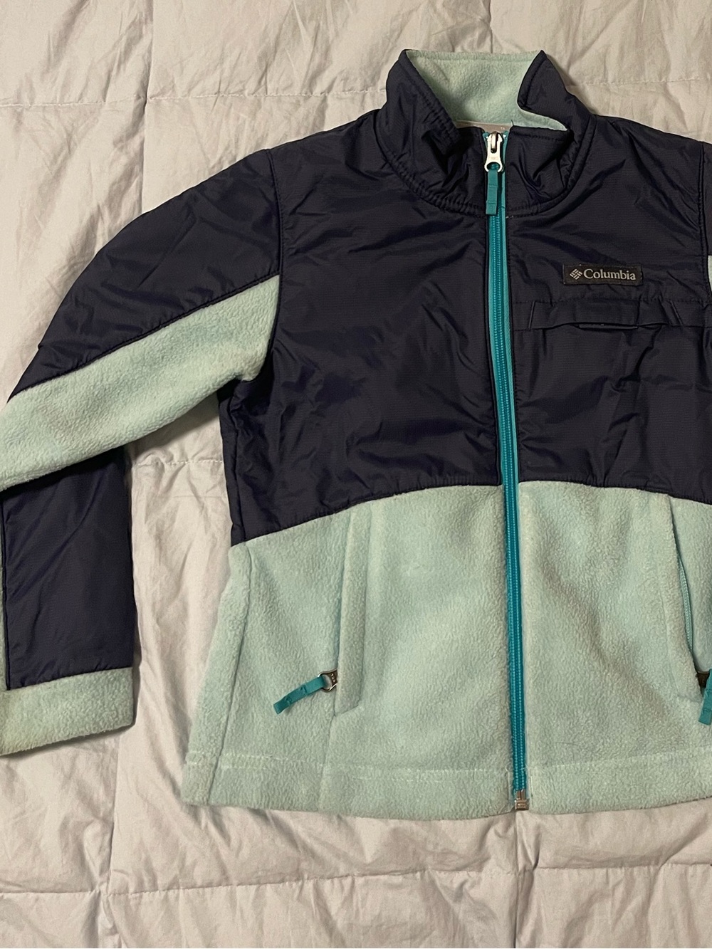 Columbia Navy and Mint Green Girls' Puffer Jacket with Teal Zipper